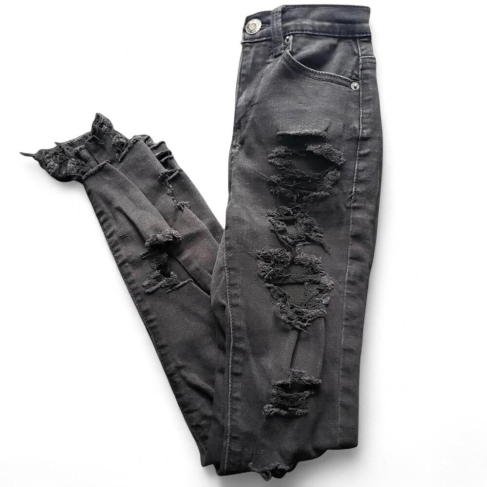 Black Super Distressed Skinny Jeans High Waisted Y2K Vintage